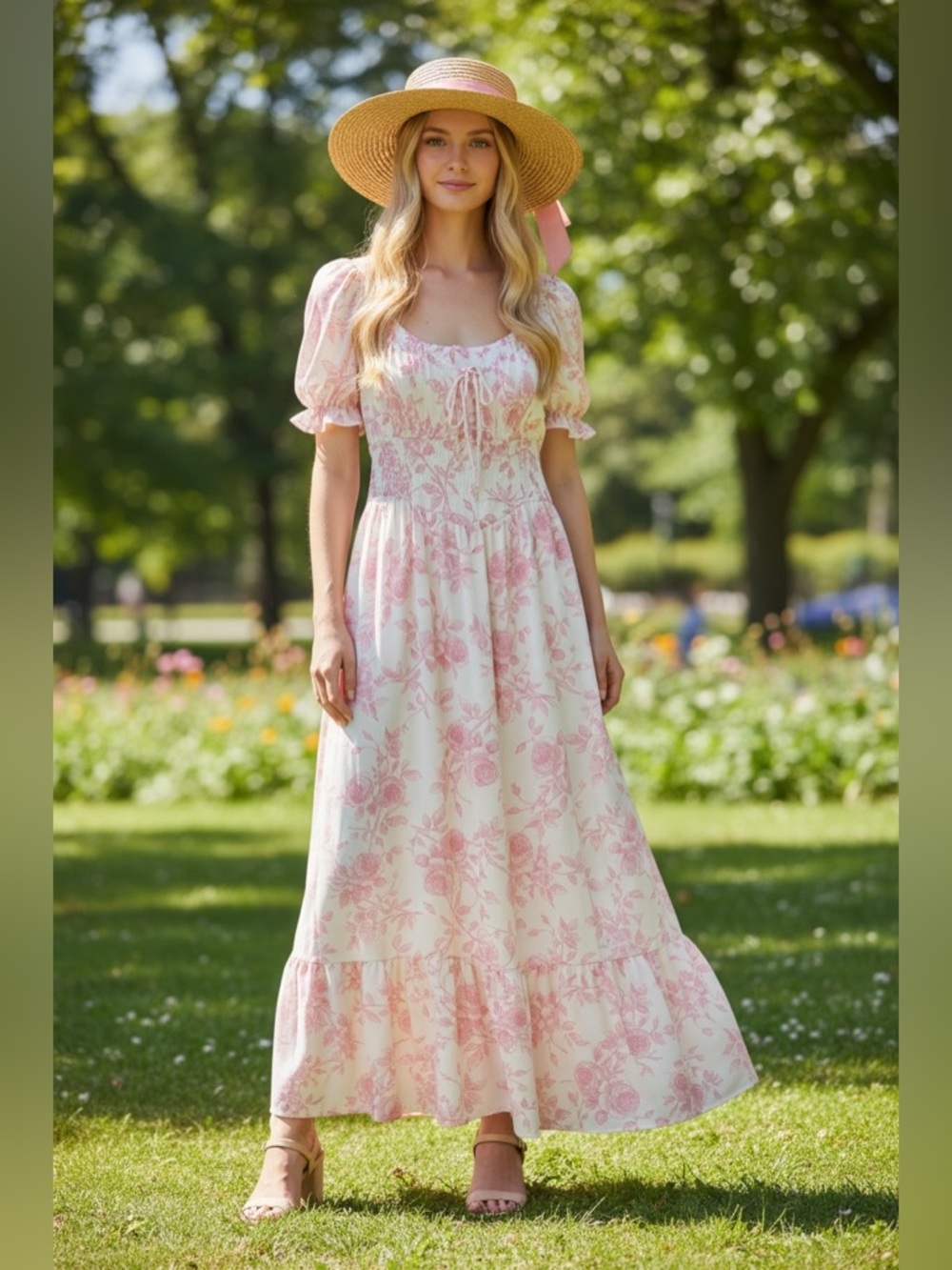 111 • Elizabeth Blush Roses Romantic Pink Floral Maxi Dress with Puff Sleeves